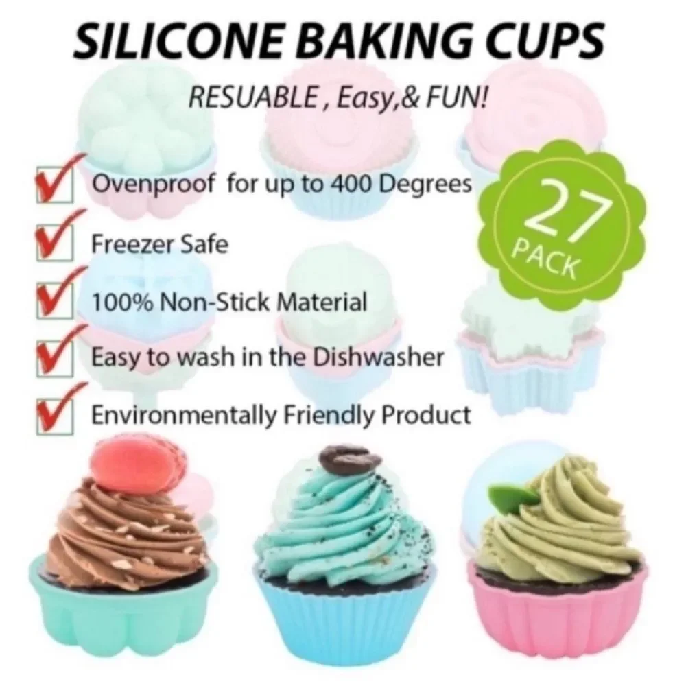 New27 Pcs Reusable Silicone Cupcake Baking Cups /Muffin and Non-Stick Muffin Cup